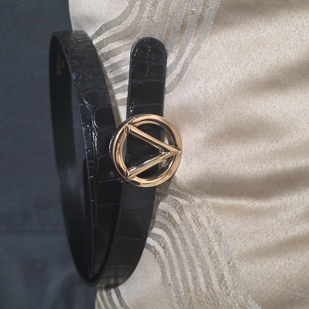 Valentino Black Croc-Embossed Belt with Gold V Buckle